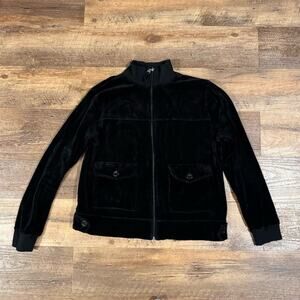 Contact VTG Black Velour Bomber Jacket Zip-Up Minimalist Buttons Pockets READ